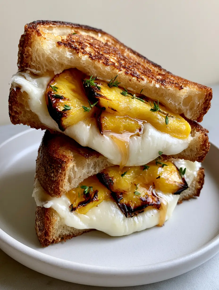 Peach and Brie Grilled Cheese with Caramelized Peaches and Thyme 3 Close up handheld photo of a Peach and Brie Grilled Cheese showing the molten Brie and charred peach wedges.