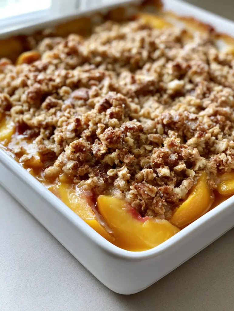 Peach Cobbler with Oatmeal Crumble: The Ultimate Buttery Crunch Recipe 1 Dense textured oatmeal crumble with visible sugar granules on a Peach Cobbler with Oatmeal Crumble.