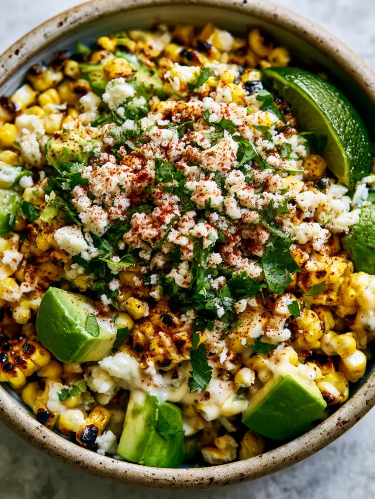 Mexican Street Corn Salad with Charred Corn and Creamy Lime Crema 2 Close-up of Mexican Street Corn Salad showing distinct dark brown charred corn kernels and bright green avocado cubes.