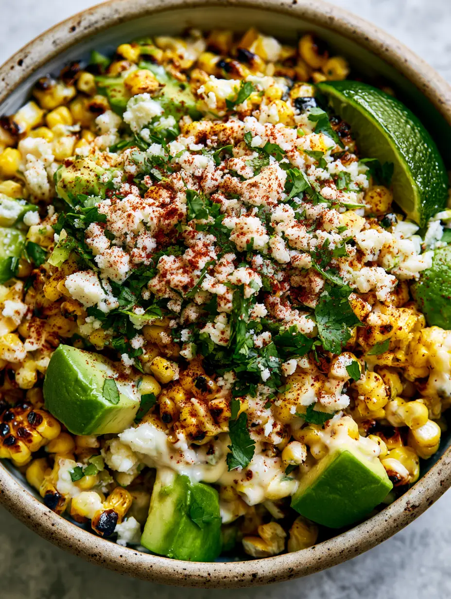 Mexican Street Corn Salad with Charred Corn and Creamy Lime Crema 3 Close-up of Mexican Street Corn Salad showing distinct dark brown charred corn kernels and bright green avocado cubes.