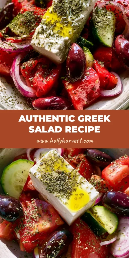 Authentic Greek Salad: The Ultimate Horiatiki Recipe 4 A top-down smartphone photo of an Authentic Greek Salad in a rustic bowl with a large feta slab and Kalamata olives.