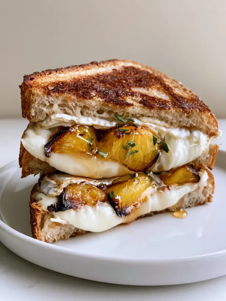 Peach and Brie Grilled Cheese with Caramelized Peaches and Thyme 1 Side view of a sliced Peach and Brie Grilled Cheese with visible sourdough texture and fresh thyme leaves.