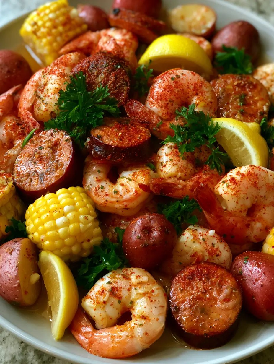 Close up top-down view of a Shrimp Boil Recipe with glistening butter and fresh parsley on a light surface.