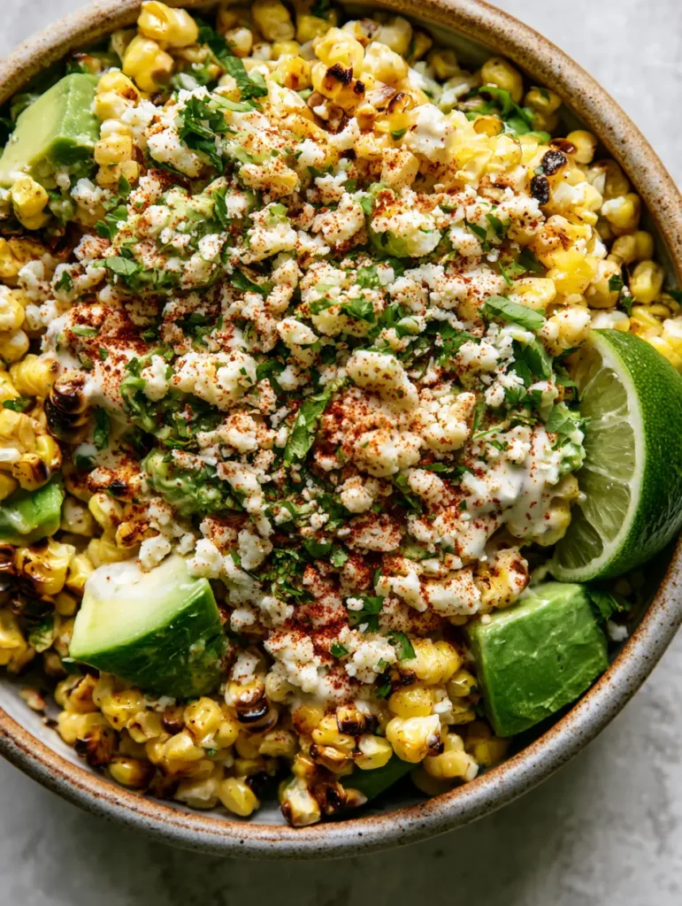Mexican Street Corn Salad with Charred Corn and Creamy Lime Crema 1 Top-down view of Mexican Street Corn Salad garnished with cotija cheese, cilantro, and chili powder in a ceramic bowl.