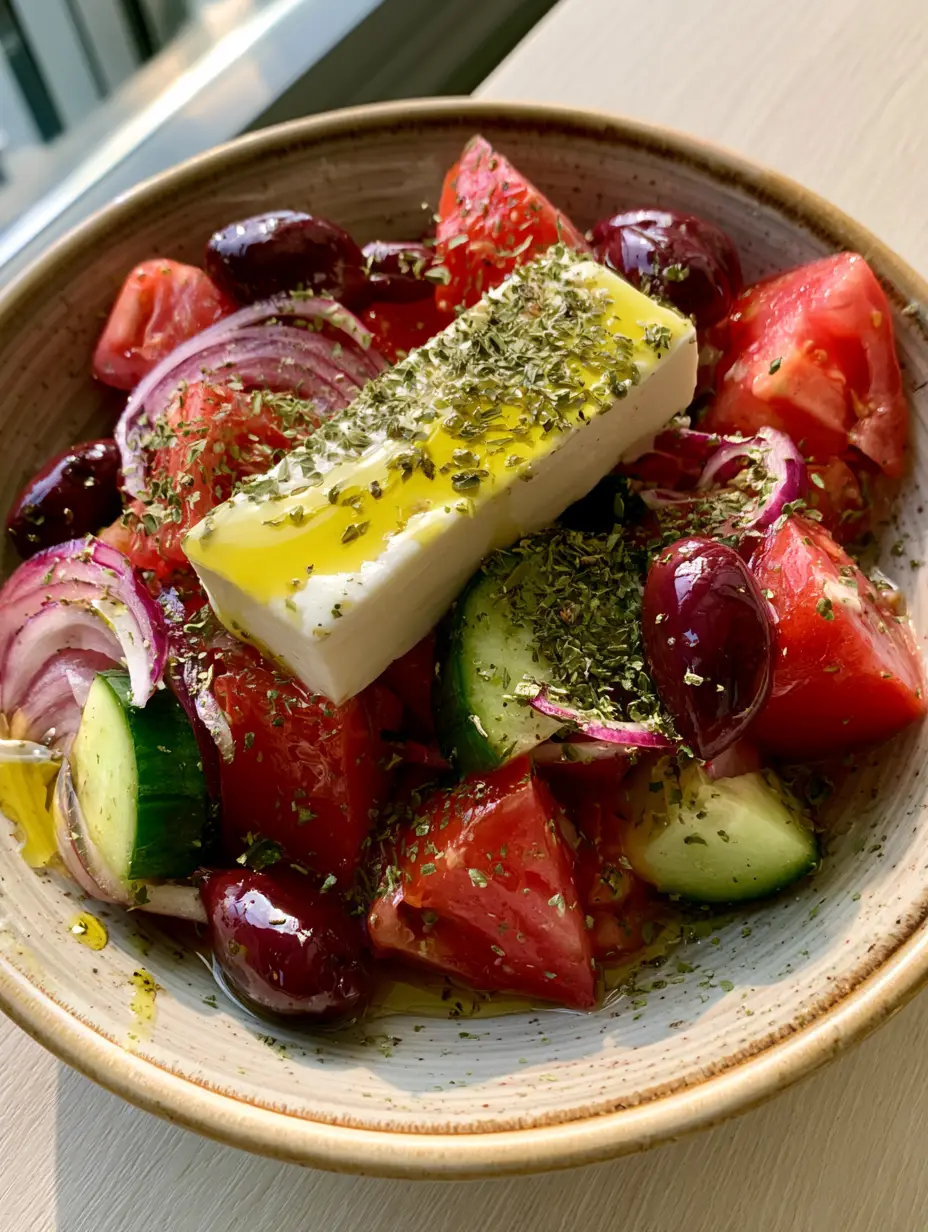 Authentic Greek Salad: The Ultimate Horiatiki Recipe 3 Detailed view of irregular tomato chunks and thick cucumber crescents in an Authentic Greek Salad.
