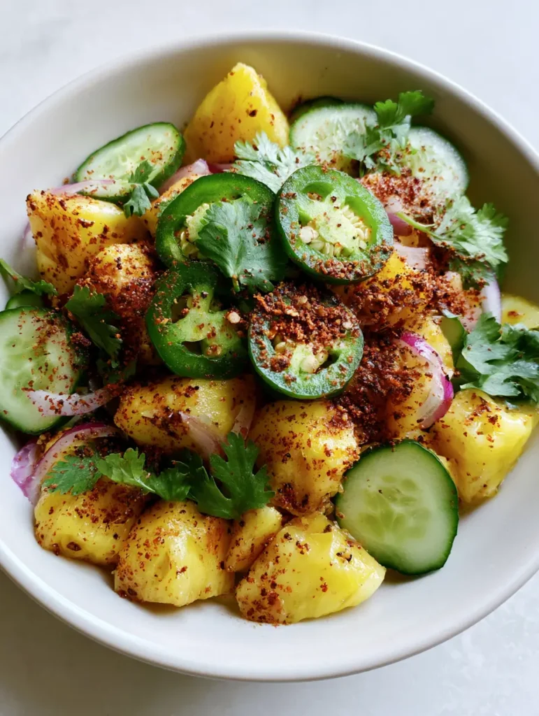 Spicy Pineapple Cucumber Salad: The Ultimate Refreshing Summer Side 1 Overhead smartphone-style photo of Spicy Pineapple Cucumber Salad seasoned with reddish-brown chili lime powder.