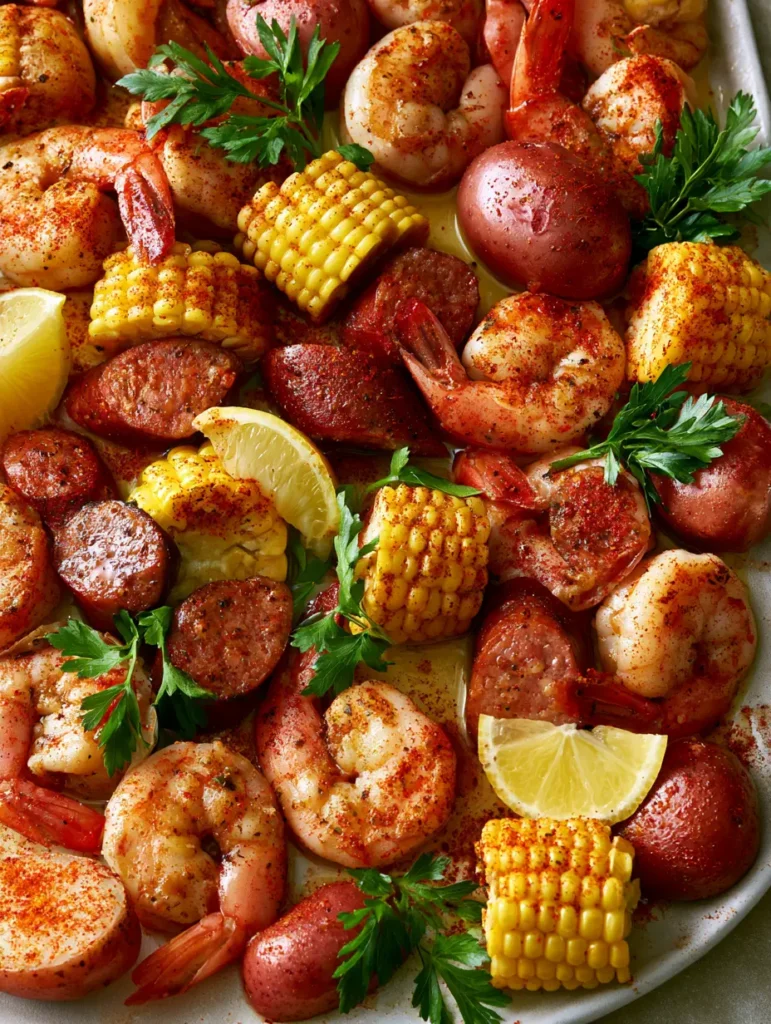 Smartphone photo of a Shrimp Boil Recipe showing succulent shrimp and charred smoked sausage slices.