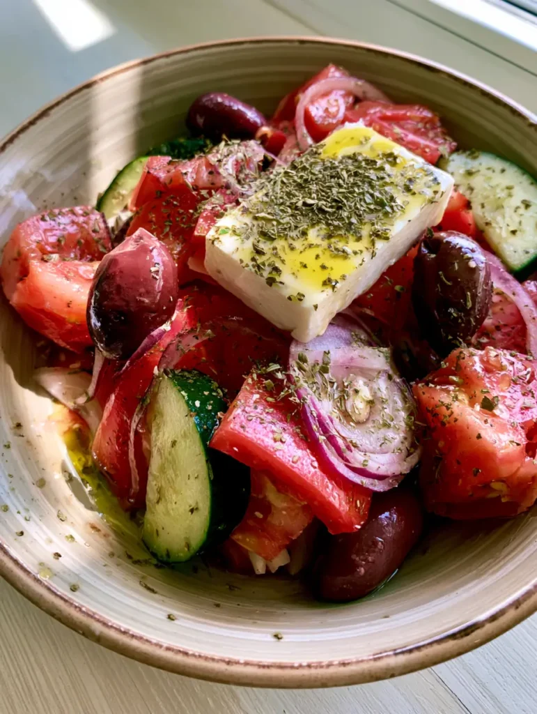Authentic Greek Salad: The Ultimate Horiatiki Recipe 1 A single rectangular slab of feta cheese topped with dried oregano and olive oil on an Authentic Greek Salad.