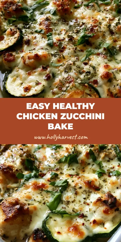 A top-down view of a golden-brown Chicken Zucchini Bake in a white ceramic dish, featuring melted mozzarella, seared chicken cubes, and fresh basil garnish.