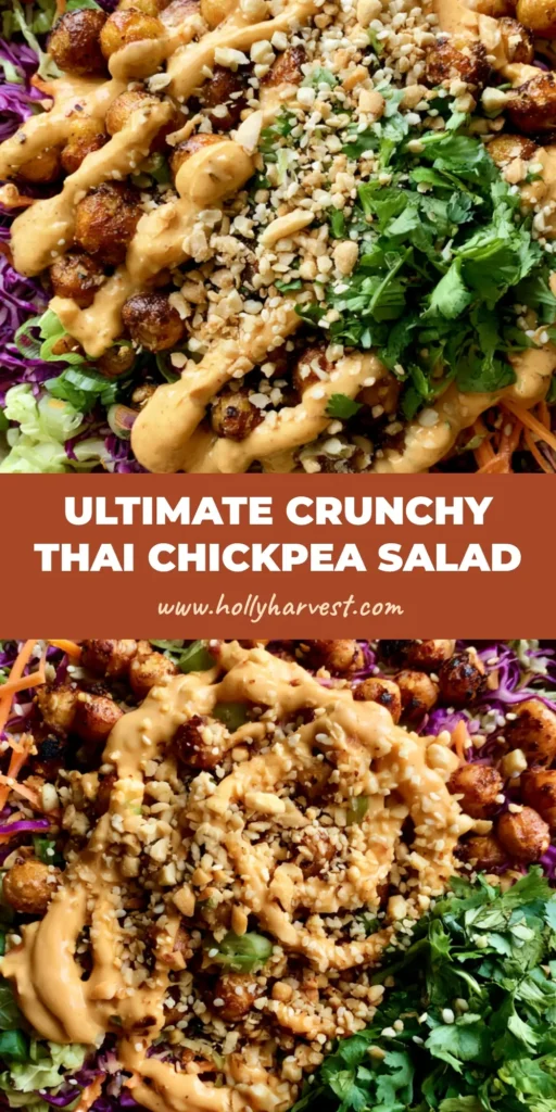 A top-down view of a Crunchy Thai Chickpea Salad in a rustic bowl featuring vibrant purple cabbage, orange carrots, and roasted chickpeas with peanut dressing ribbons.