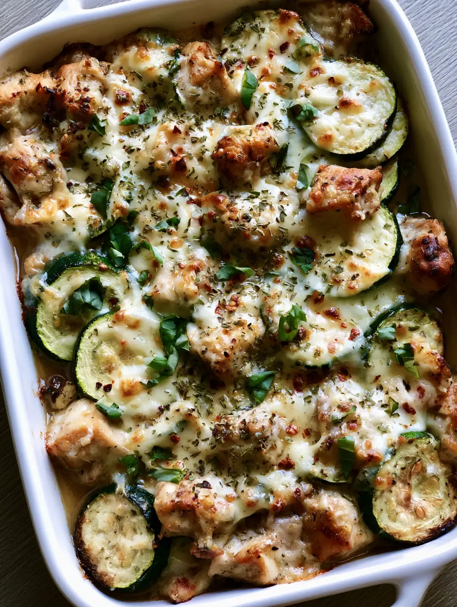 Close-up of seared chicken cubes and charred zucchini half-moons under a layer of bubbly mozzarella in a Chicken Zucchini Bake.