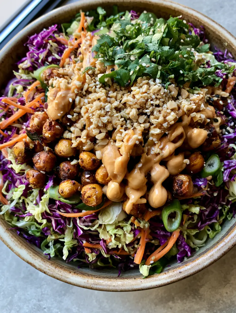 Close-up of Crunchy Thai Chickpea Salad showing textures of shredded cabbage, charred chickpeas, and creamy peanut dressing.