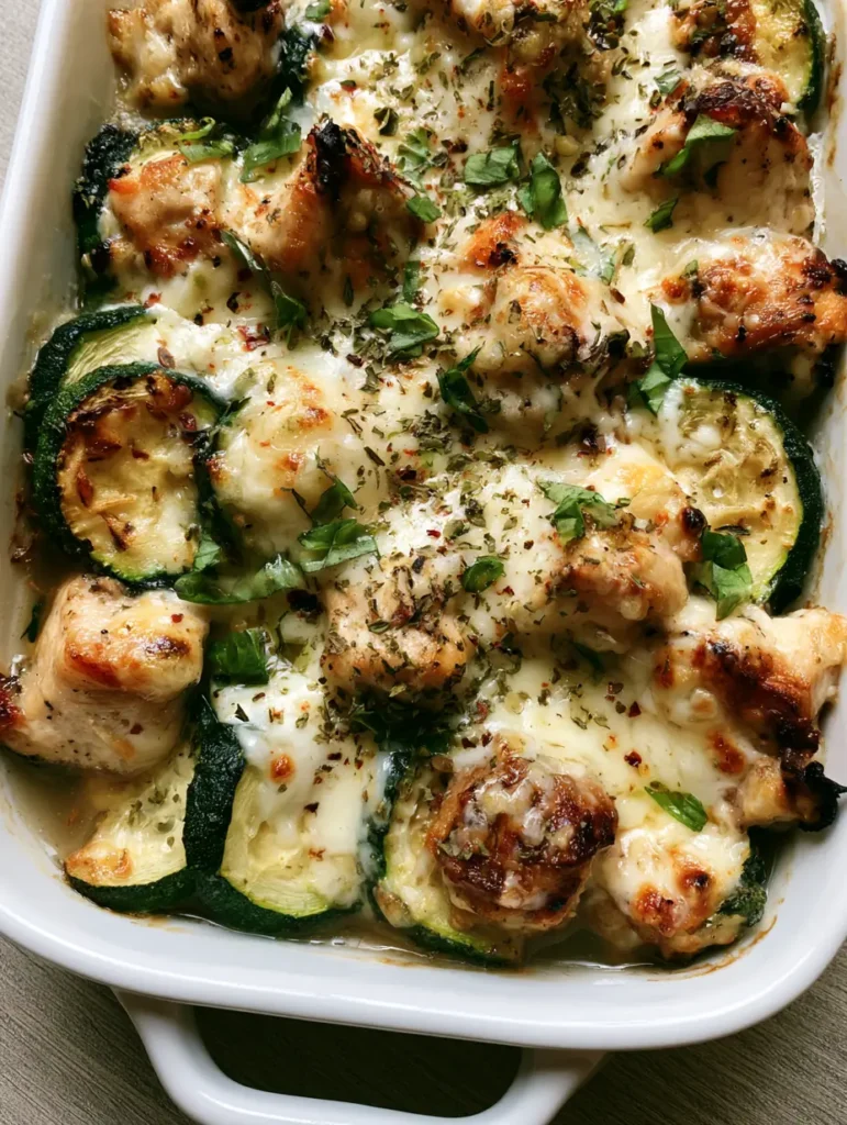 A handheld-style photo of a Chicken Zucchini Bake showing the translucent pan sauce and herbs.