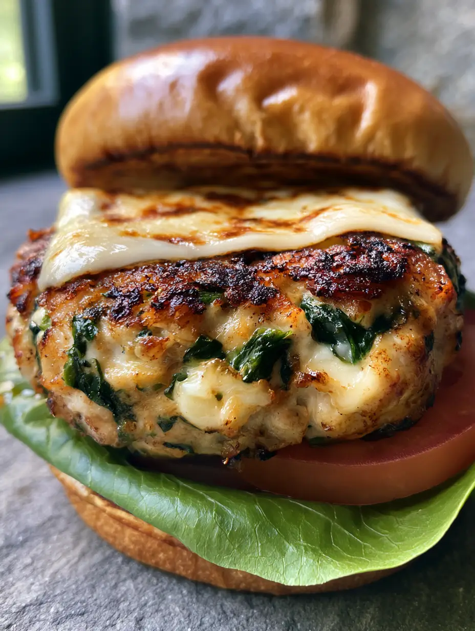 Close up of a seared chicken patty containing spinach and pockets of white cheddar cheese on a toasted bun. (White Cheddar Spinach Chicken Burgers)