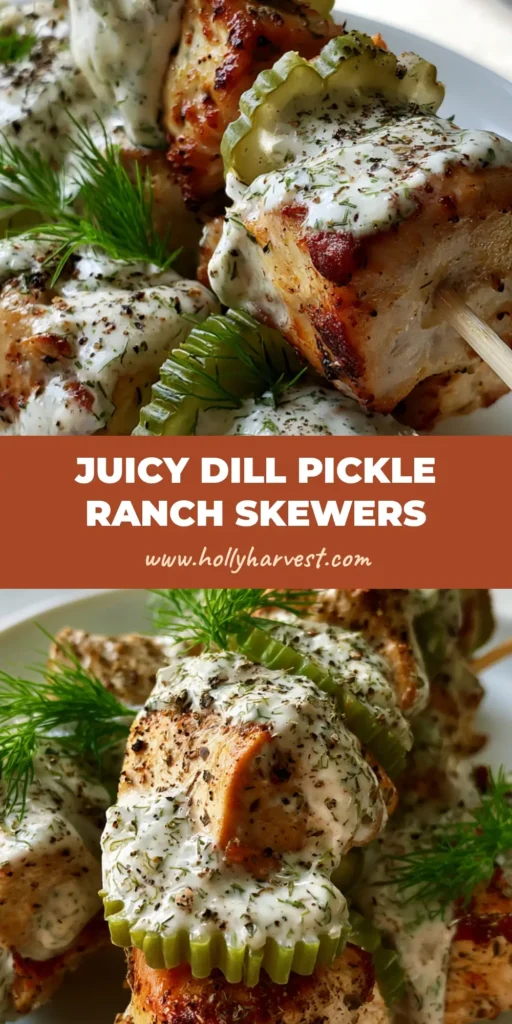 Dill Pickle Chicken Skewers with Creamy Ranch and Fresh Herbs 4 A close-up of three Dill Pickle Chicken Skewers on a white plate, featuring golden-brown air-fried chicken and crinkle-cut pickles with creamy ranch sauce.