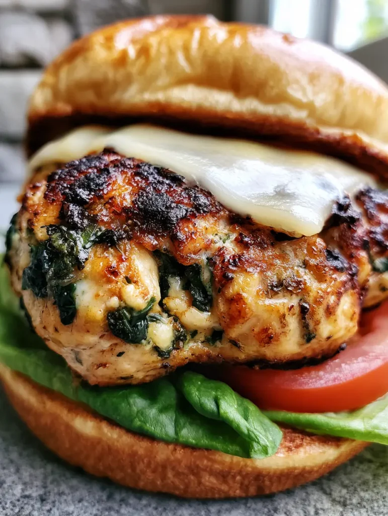 A handheld smartphone photo showing the texture of the thick chicken burger patty and melted sharp white cheddar. (White Cheddar Spinach Chicken Burgers)