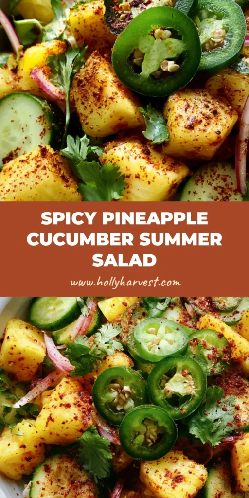 Spicy Pineapple Cucumber Salad: The Ultimate Refreshing Summer Side 3 A top-down view of a Spicy Pineapple Cucumber Salad in a white bowl, showing golden pineapple, green cucumber half-moons, and red onion slivers sprinkled with chili lime seasoning.