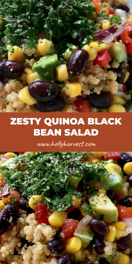 A vertical shot of the Sweet Corn and Black Bean Quinoa Salad in a white bowl, featuring bright yellow corn, black beans, and green avocado on a light wood surface.