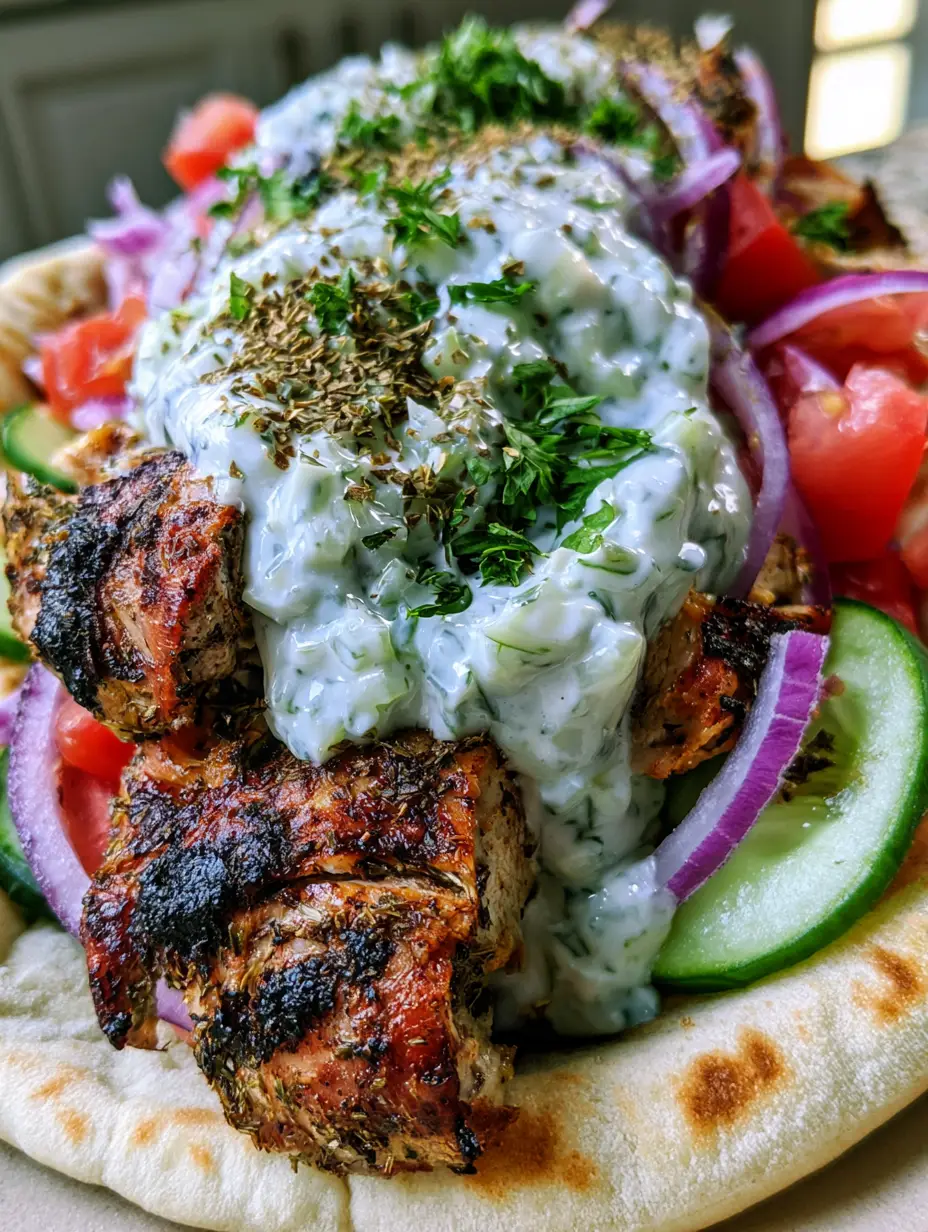 Greek Chicken Gyros with Authentic Charred Pita and Creamy Tzatziki Sauce 3 Close up of Greek Chicken Gyros showing the dark char marks on the grilled chicken and the texture of the thick white tzatziki sauce with dill flecks.