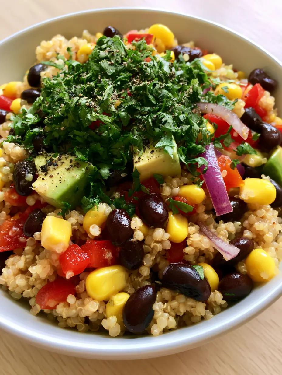Handheld smartphone photo of a Sweet Corn and Black Bean Quinoa Salad in a white ceramic bowl, showing fluffy quinoa and glistening lime dressing.