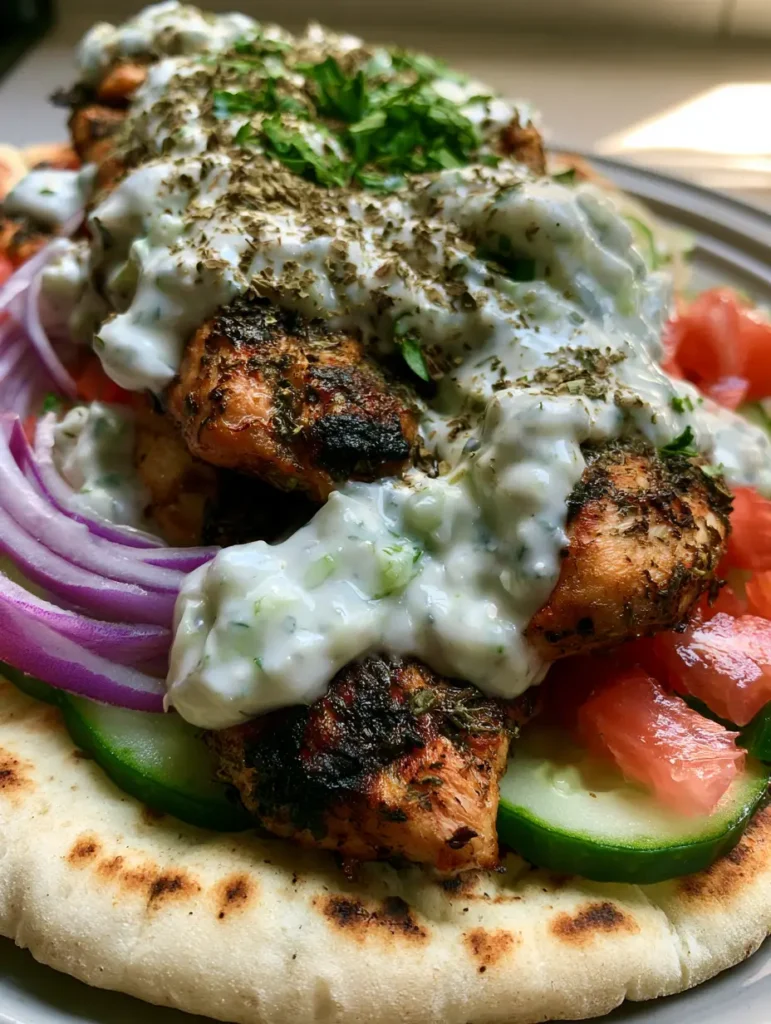 Greek Chicken Gyros with Authentic Charred Pita and Creamy Tzatziki Sauce 1 Greek Chicken Gyros held in hand, highlighting the soft thick pita bread with golden brown toasted spots and fresh cucumber half-moons.