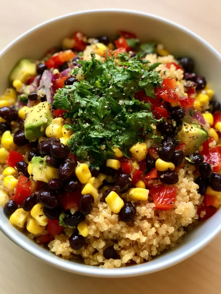 Top-down view of Sweet Corn and Black Bean Quinoa Salad showing the texture of translucent red onions and cracked black pepper.