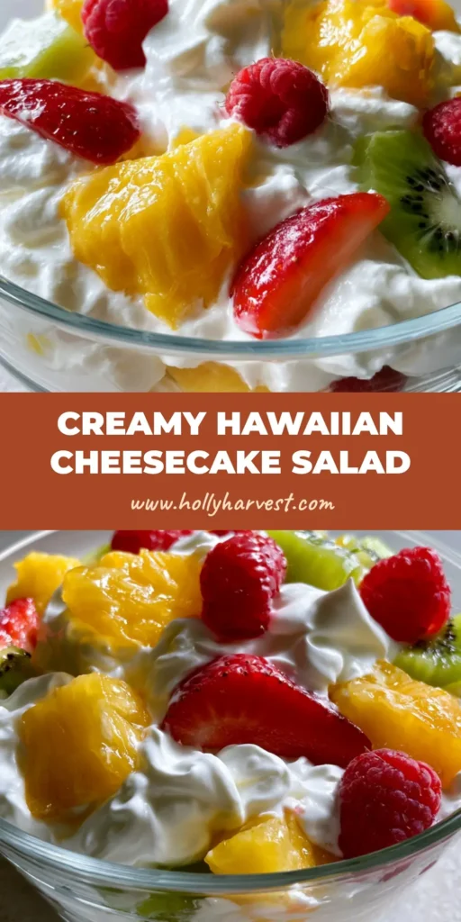 Hawaiian Cheesecake Salad: The Ultimate Creamy Tropical Fruit Dessert 3 A close-up vertical shot of a clear glass bowl filled with Hawaiian Cheesecake Salad, showing fluffy white cream, red strawberries, yellow pineapple, and green kiwi.