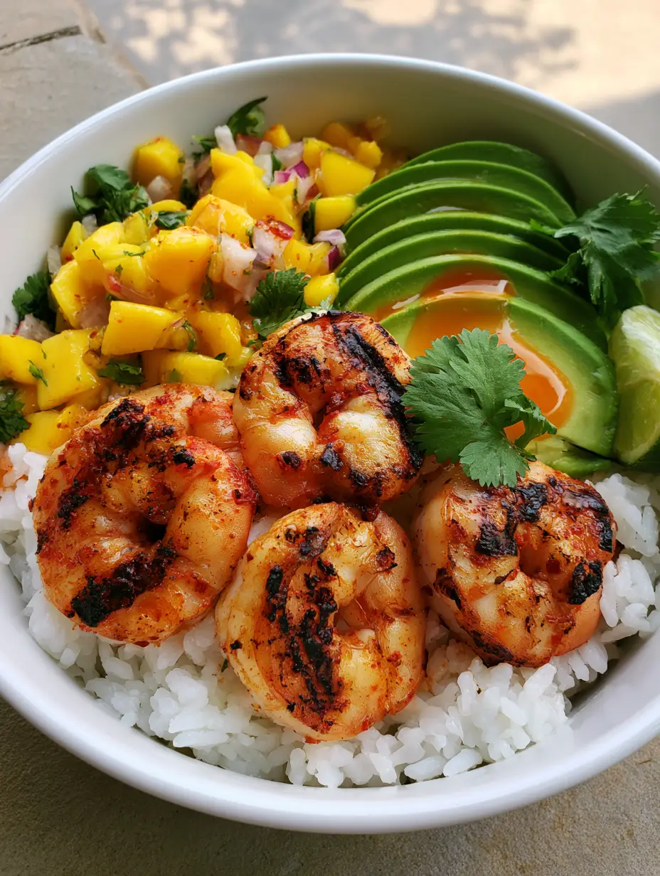 Shrimp and Avocado Bowls with Charred Chili Lime Glaze 4 Close-up of plump grilled shrimp with red chili spices and charred marks over fluffy white rice. (Shrimp and Avocado Bowls)
