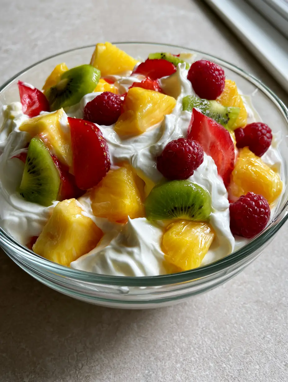 Hawaiian Cheesecake Salad: The Ultimate Creamy Tropical Fruit Dessert 4 A clear glass bowl on a grey stone countertop filled with a thick, fluffy cheesecake base and chunks of pineapple, kiwi, and strawberries. (Hawaiian Cheesecake Salad)