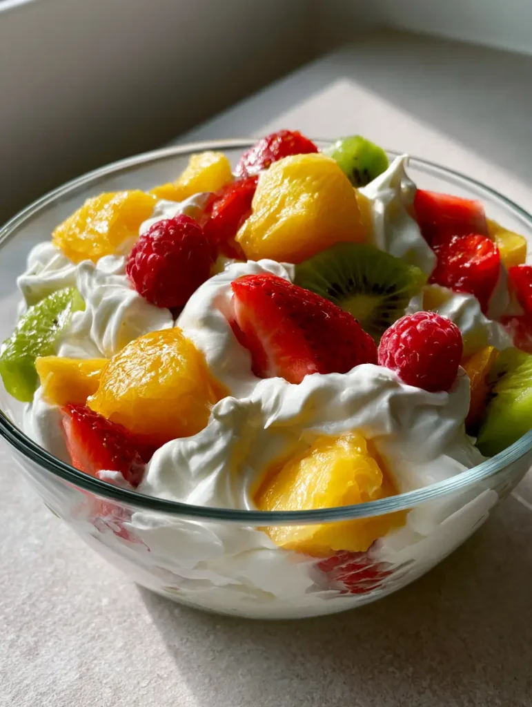 Hawaiian Cheesecake Salad: The Ultimate Creamy Tropical Fruit Dessert 1 Overhead view of Hawaiian Cheesecake Salad highlighting the vibrant green kiwi rounds and plump red raspberries mixed into a glossy white cream.