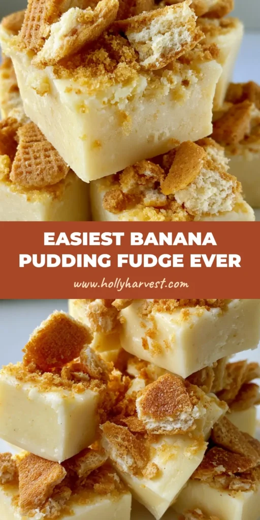 A stack of square-cut Banana Pudding Fudge on a white plate, showing the creamy yellow base and cookie crumble top.