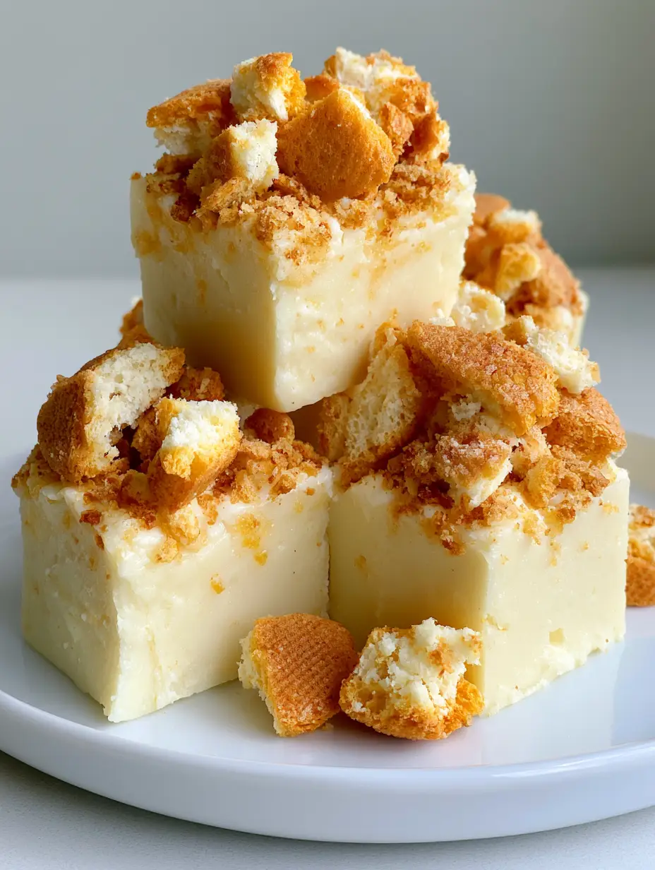 Close-up handheld photo of Banana Pudding Fudge squares showing the dense pale yellow texture and golden cookie pieces.