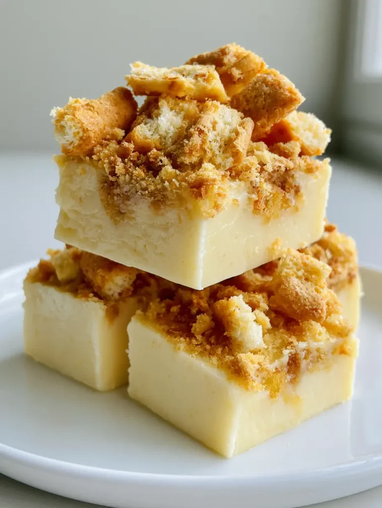 Multiple pieces of Banana Pudding Fudge stacked on a neutral background in natural window light.
