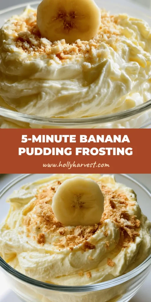 Banana Pudding Frosting: The Ultimate Fluffy Dream for Your Cakes 4 A close-up vertical shot of whipped Banana Pudding Frosting topped with a banana slice and vanilla wafer crumbs.