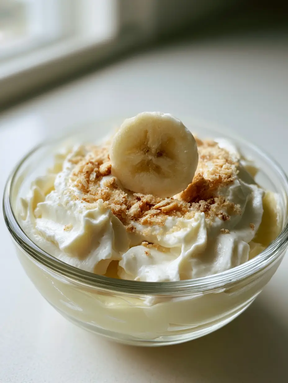 Banana Pudding Frosting: The Ultimate Fluffy Dream for Your Cakes 3 Thick and creamy pale yellow Banana Pudding Frosting in a clear glass bowl with soft peaks.