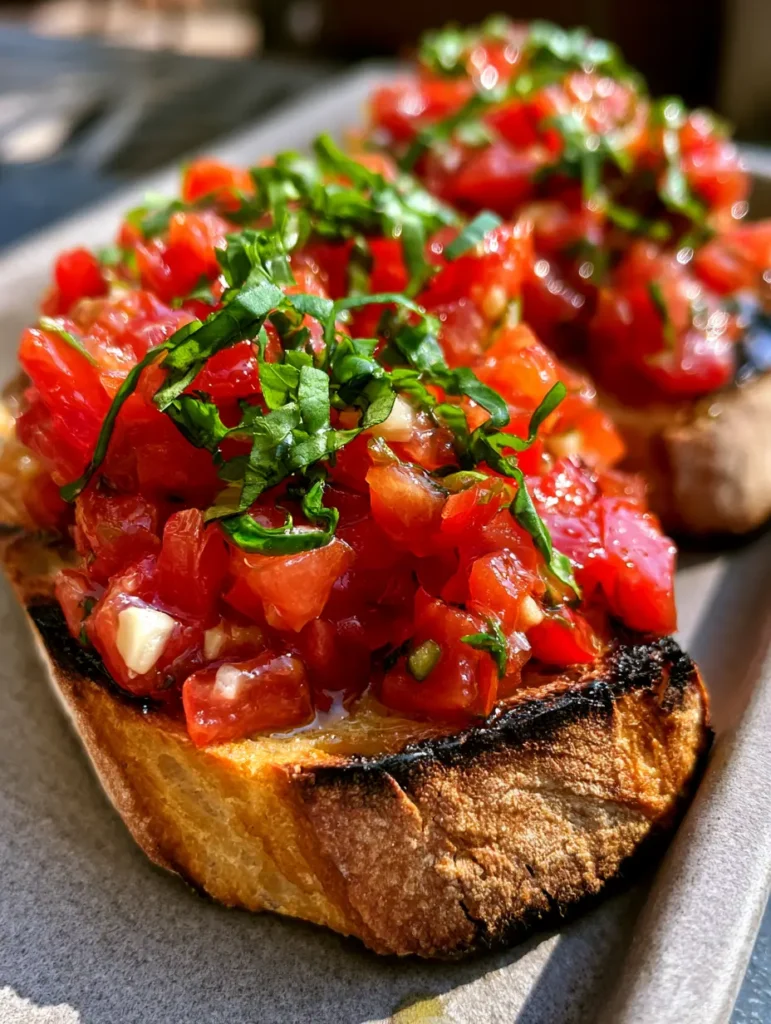 Italian Bruschetta Recipe with Charred Artisanal Baguette 2 Close up photo of diagonally sliced baguette with char marks and tomato topping. (Italian Bruschetta Recipe)