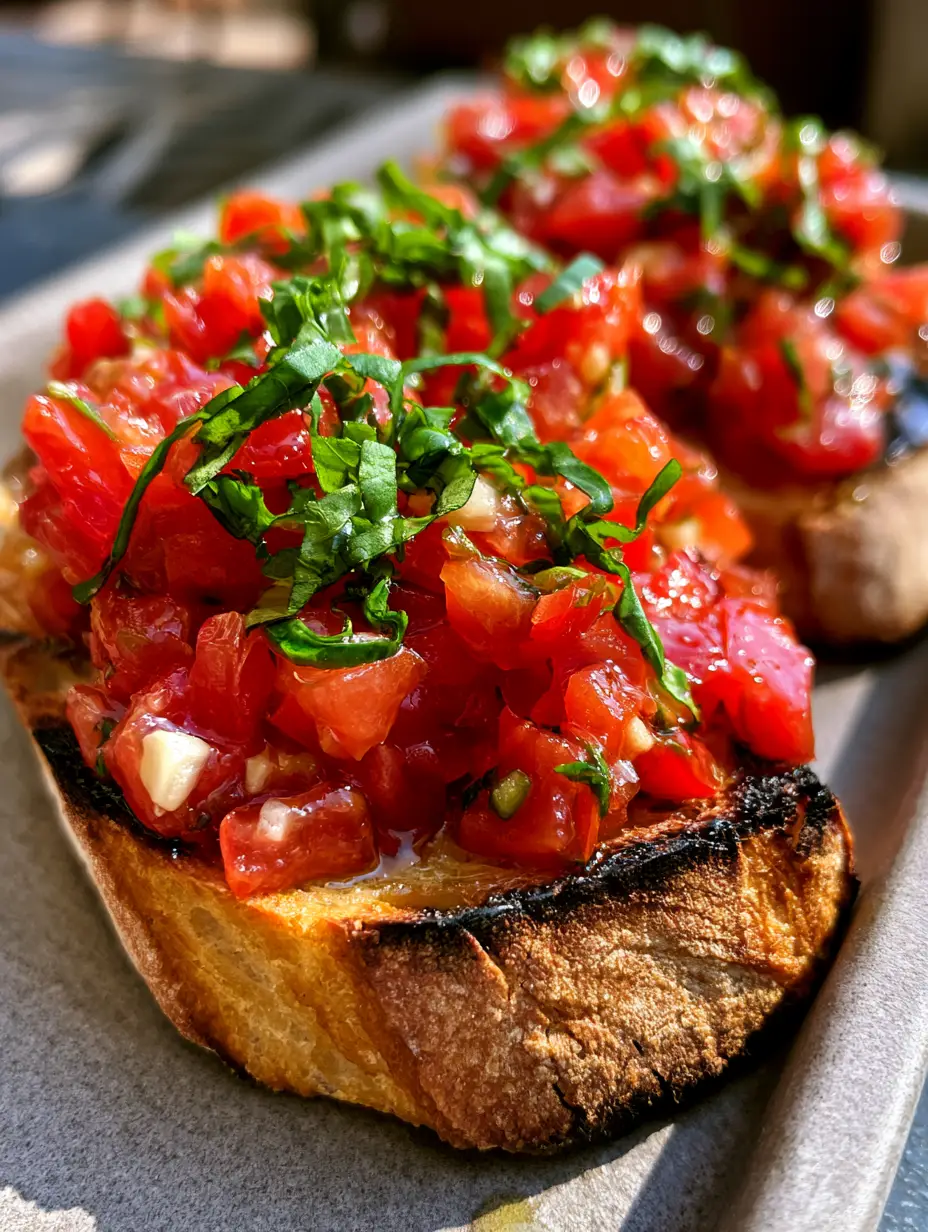 Italian Bruschetta Recipe with Charred Artisanal Baguette 3 Close up photo of diagonally sliced baguette with char marks and tomato topping. (Italian Bruschetta Recipe)