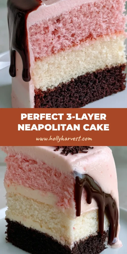 Neapolitan Cake Recipe: The Ultimate Triple-Layer Strawberry, Vanilla, and Chocolate Masterpiece 4 A tall slice of Neapolitan Cake with distinct chocolate, vanilla, and strawberry layers on a white plate. (Neapolitan Cake Recipe)