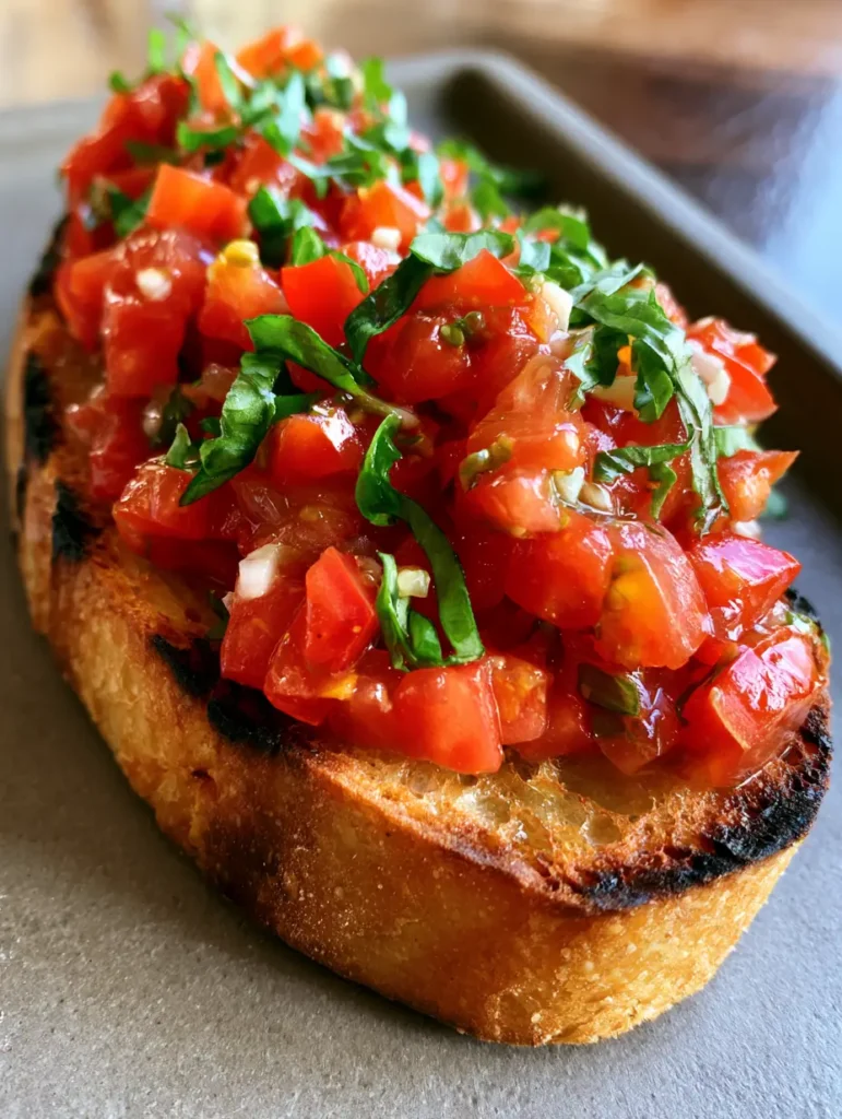 Italian Bruschetta Recipe with Charred Artisanal Baguette 1 A generous mound of diced ruby-red tomatoes and green basil on toasted bread. (Italian Bruschetta Recipe)