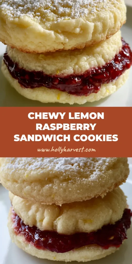 Two stacked Lemon Raspberry Sandwich Cookies on a white plate with visible lemon zest flecks and thick raspberry jam filling.