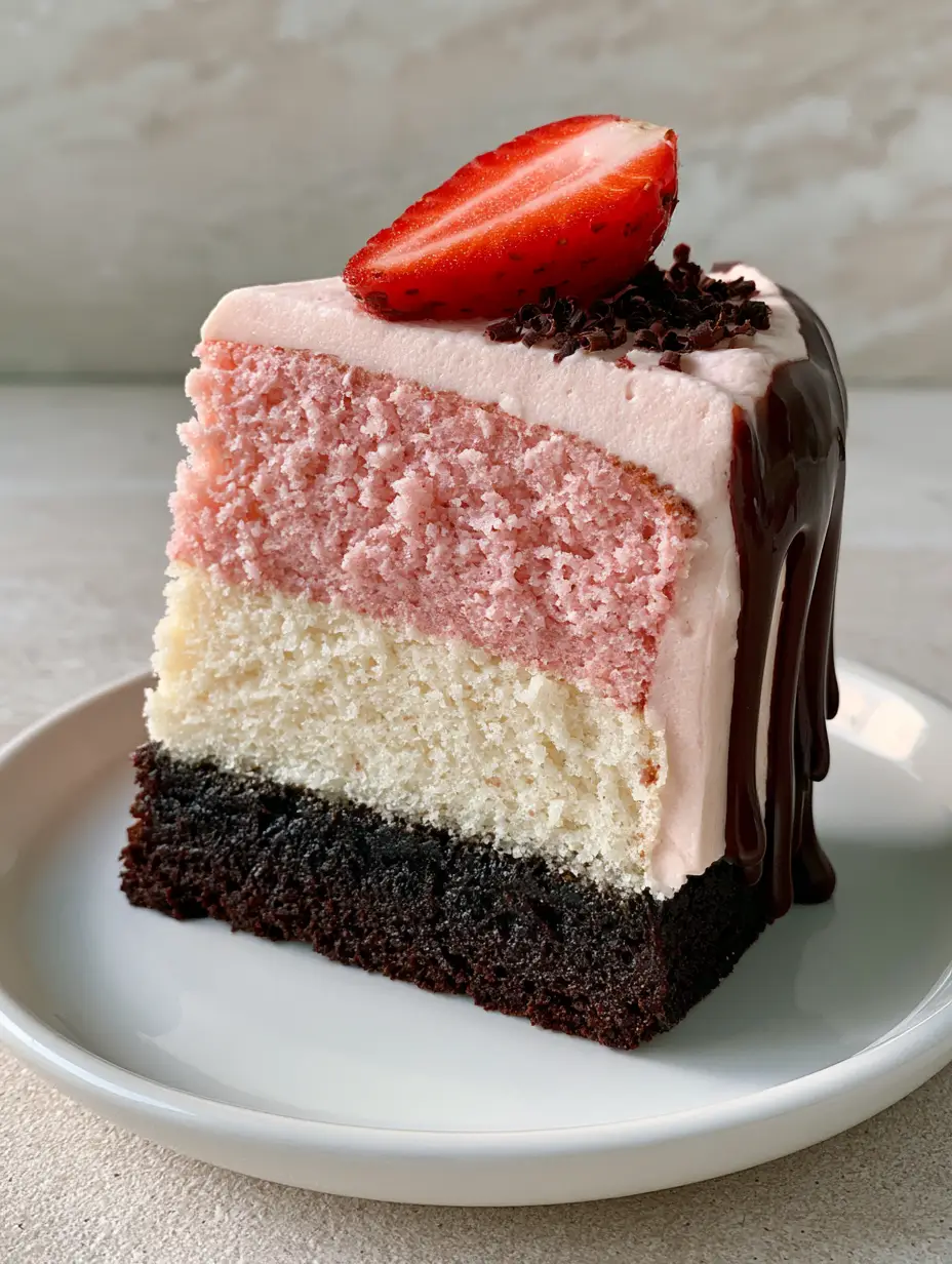 Neapolitan Cake Recipe: The Ultimate Triple-Layer Strawberry, Vanilla, and Chocolate Masterpiece 3 A close-up of a three-layer Neapolitan cake slice showing dark chocolate, vanilla bean, and strawberry sponge textures. (Neapolitan Cake Recipe)