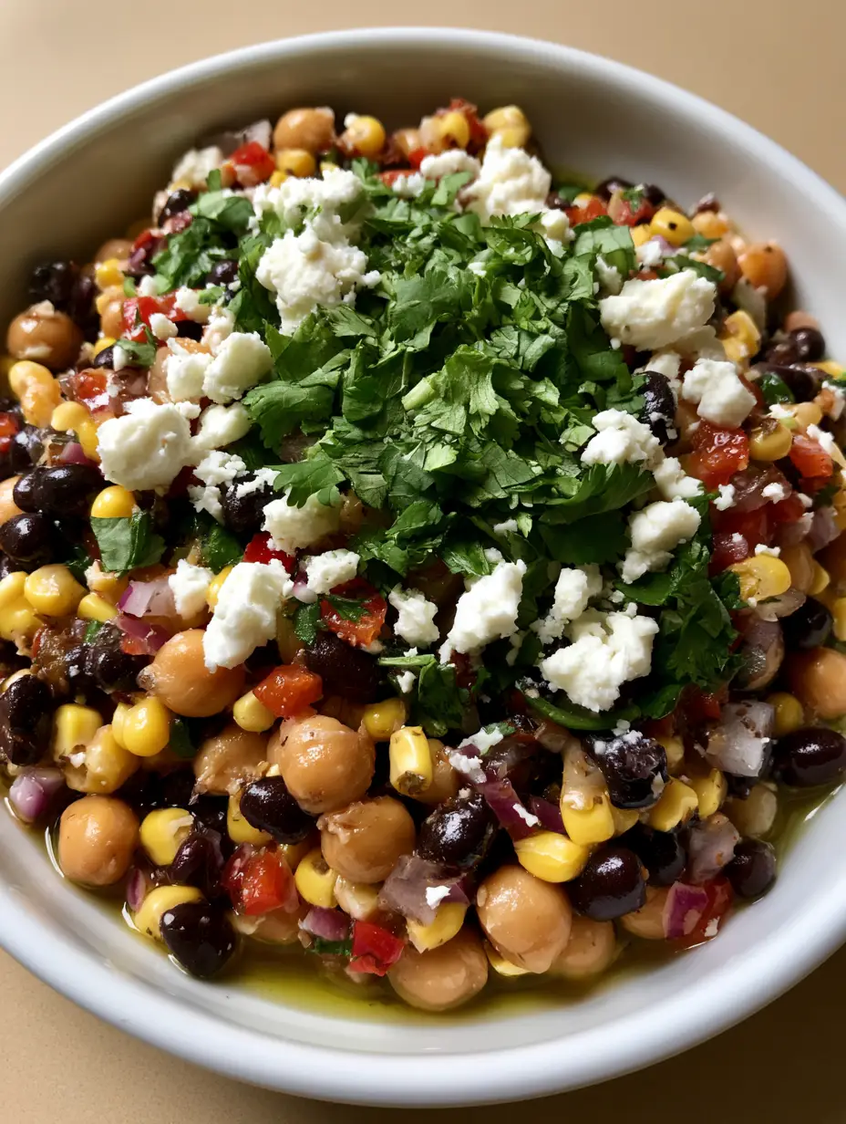 Chickpea and Black Bean Salad with Zesty Lime Oil Dressing 3 Top-down view of Chickpea and Black Bean Salad in a white bowl showing tan chickpeas and black beans. (Chickpea and Black Bean Salad)