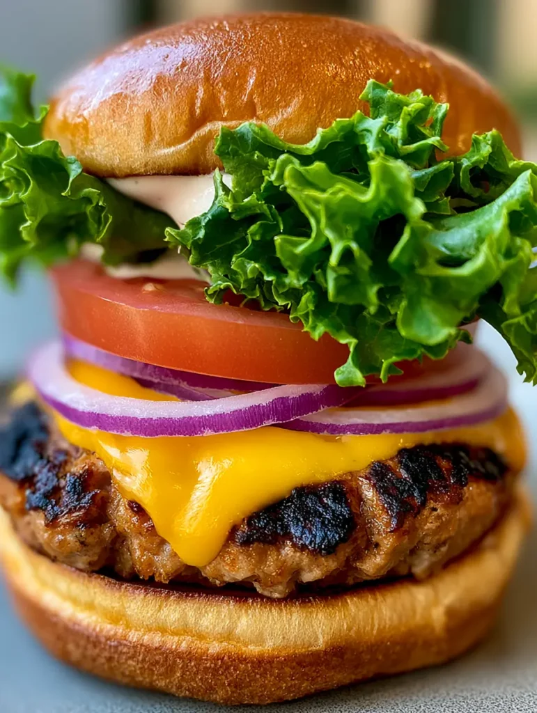 Juicy Turkey Burgers: The Ultimate Seared Brioche Recipe with Charred Edges 1 Side view of Juicy Turkey Burgers showing the layers of melted yellow cheddar, red onion rings, and ripe tomato.