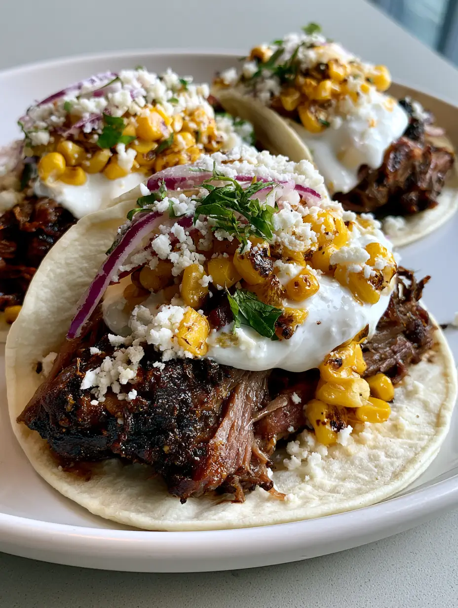 Close-up of Brisket Elote Tacos highlighting the texture of the charred corn and succulent beef brisket.