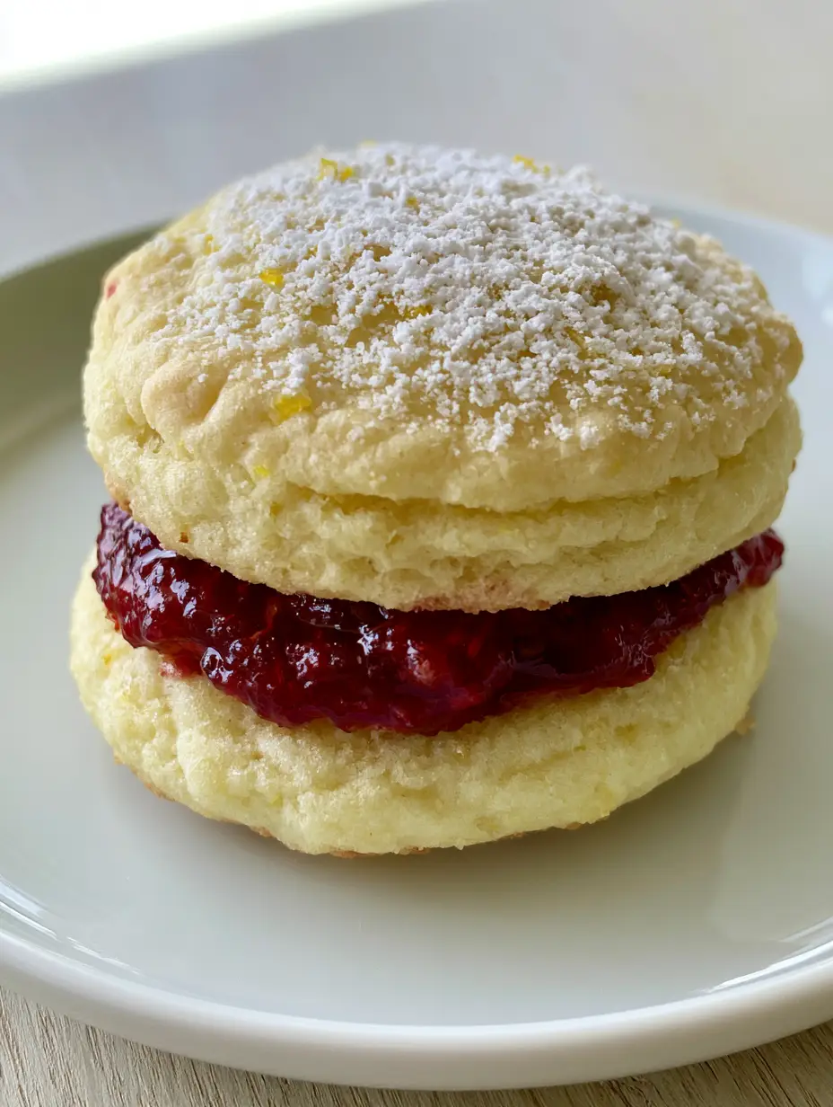 Close-up of stacked Lemon Raspberry Sandwich Cookies showing the crinkled surface and deep red jam filling.
