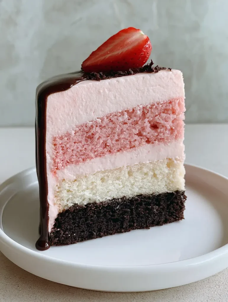 Neapolitan Cake Recipe: The Ultimate Triple-Layer Strawberry, Vanilla, and Chocolate Masterpiece 1 Neapolitan Cake slice with glossy dark chocolate ganache drip and a halved strawberry garnish.
