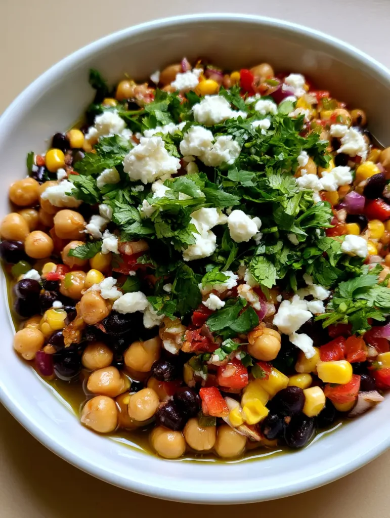 Chickpea and Black Bean Salad with Zesty Lime Oil Dressing 1 Close-up of glossily dressed black beans, corn, and red peppers with feta. (Chickpea and Black Bean Salad)