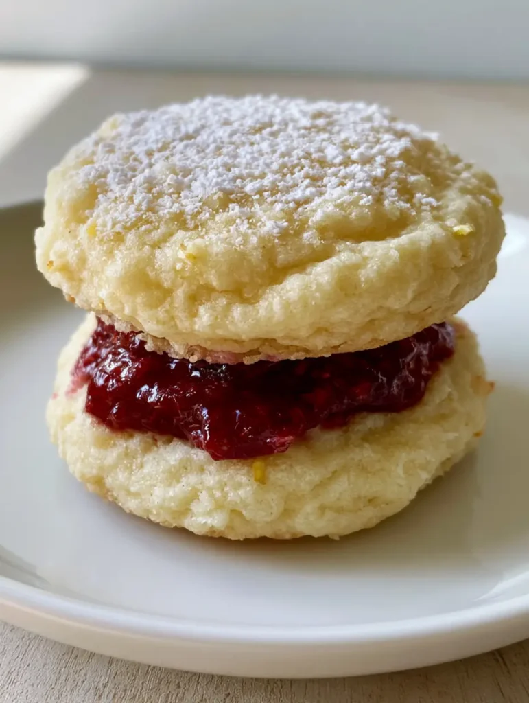 Lemon Raspberry Sandwich Cookies lightly dusted with powdered sugar on a neutral wooden background.