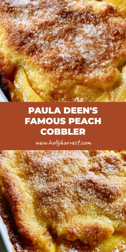 A top-down shot of Paula Deen Peach Cobbler with a golden sugar-crusted topping and bubbly amber syrup in a white dish.