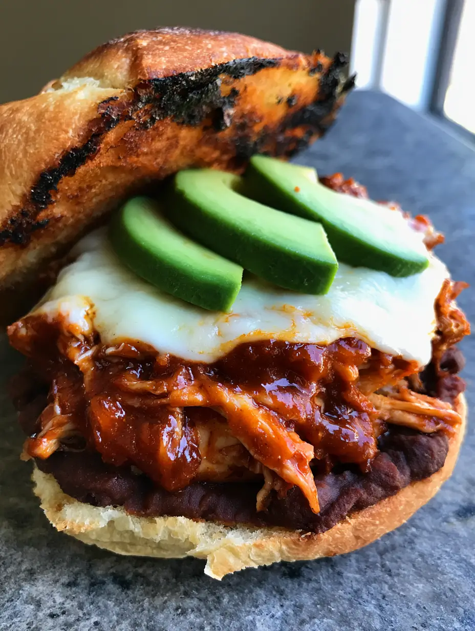 A handheld shot of a Mexican chicken torta showing the layers of beans, chipotle chicken, and melted cheese on a grey stone background. (Chipotle Chicken Torta)